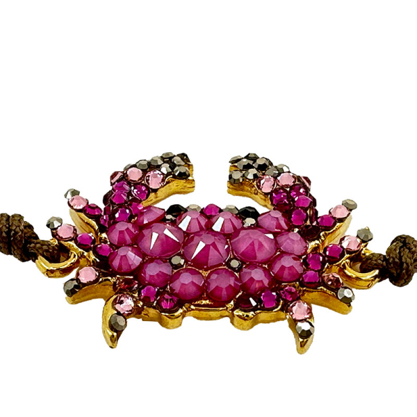 Ekaterini Freundschaftsarmband, Starfish, Baby Crab, pinke Swarovski Kristalle an brauner Kordel und goldenen Akzenten, seitlich
